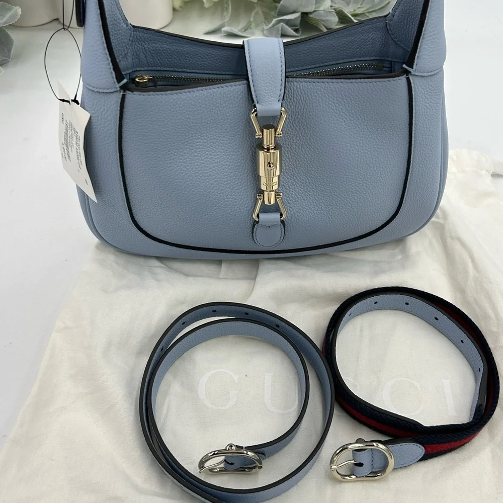 Women's Gucci, Jackie, 1961 hobo bag medium size light blue grain calf skin NWT - Picture 2 of 16